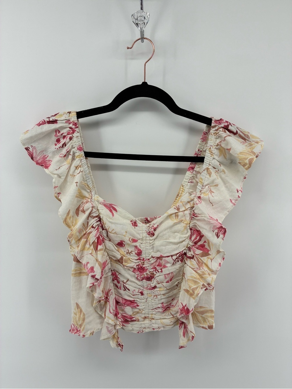 Floral Ruffle Crop Top - White with Pink & Beige Floral